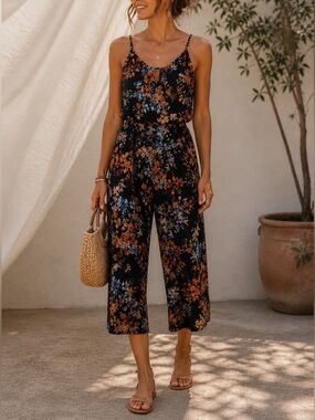 Ripe Floral Wide Leg Cropped Jumpsuit Boho Festival Summer Spring Size Small EUC